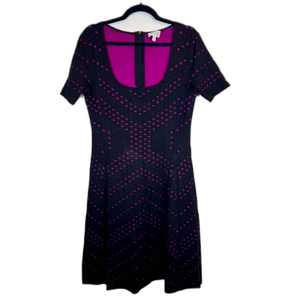 MILLY Pointelle Knit Fit and Flare Dress Black Magenta Pink XL